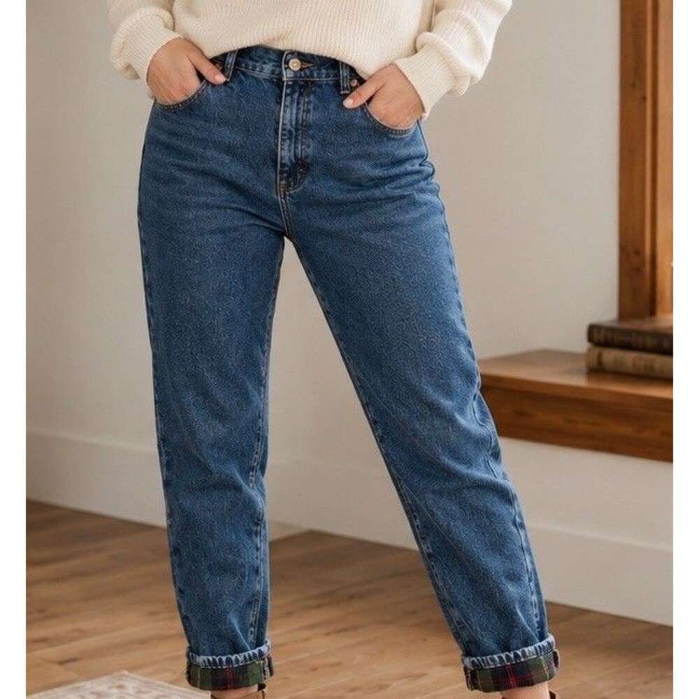 LL Bean Vintage High Rise Plaid Flannel Lined Blue Jeans  Women's 14 Tall
